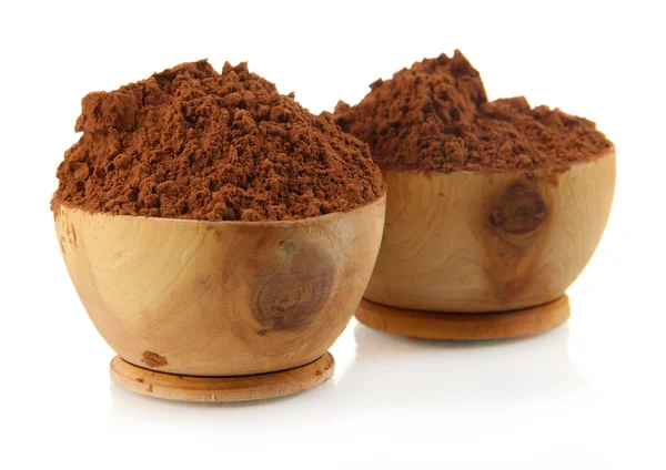 Cocoa powder in wooden bowls, isolated on white — Stock Photo, Image
