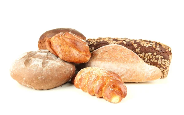 Composizione con pane e panini, isolati su bianco — Foto Stock