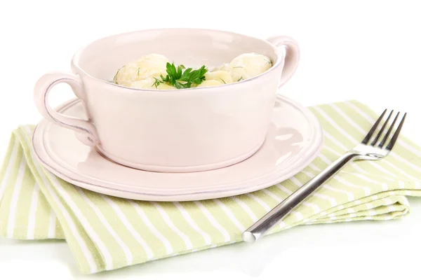 Ekşi krema ve otlar üzerinde beyaz izole Pan ile ihale genç patates — Stok fotoğraf