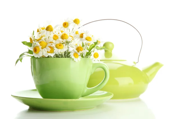 Beautiful wild camomiles and mint in cup and teapot, isolated on white — Stock Photo, Image