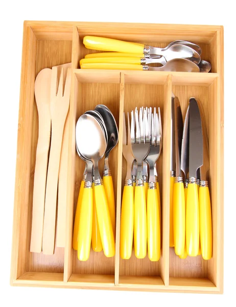 Wooden cutlery box with checked cutlery isolated on white — Stock Photo, Image