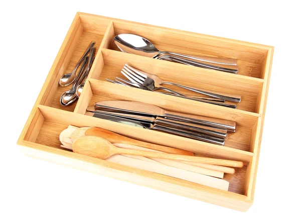 Wooden cutlery box with checked cutlery isolated on white — Stock Photo, Image