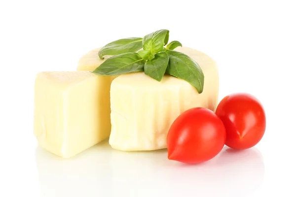 Cheese mozzarella,basil and tomato isolated on white — Stock Photo, Image