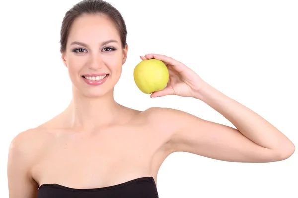 Donna sorridente con mela isolata su bianco — Foto Stock