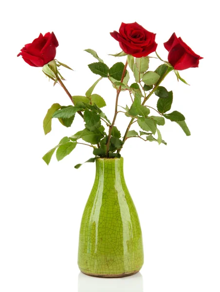 Beautiful roses in vase, isolated on white — Stock Photo, Image