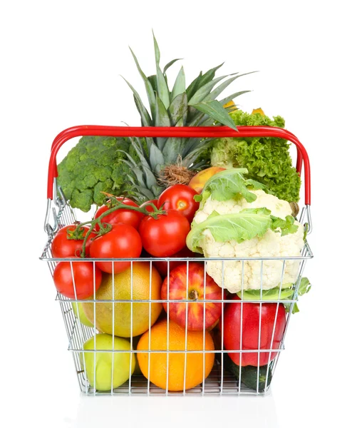 Assortment of fresh fruits and vegetables in metal basket, isolated on white — Stock Photo, Image