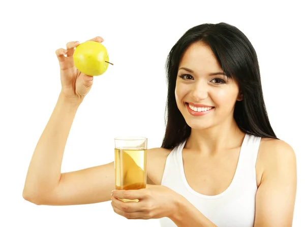 Taze elma ve üzerinde beyaz izole meyve suyu ile kız — Stok fotoğraf