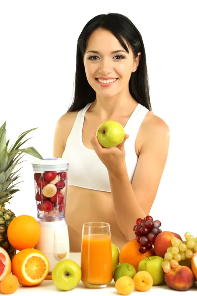 Menina com frutas frescas isoladas no branco — Fotografia de Stock