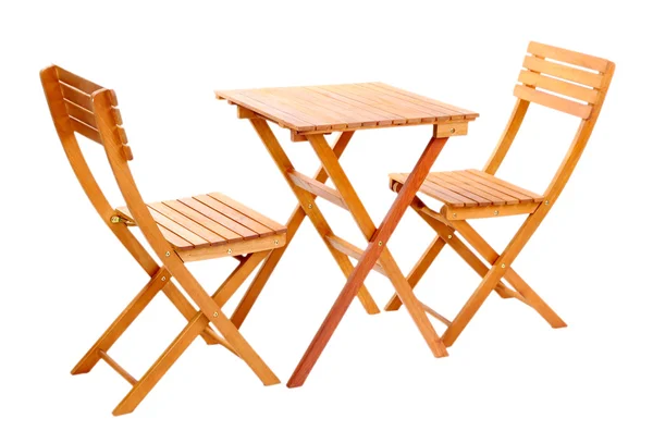 Houten tafel met stoelen geïsoleerd op wit — Stockfoto