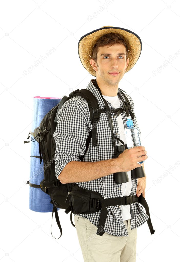 Young hiker man tourist holding bottle of water, isolated on white