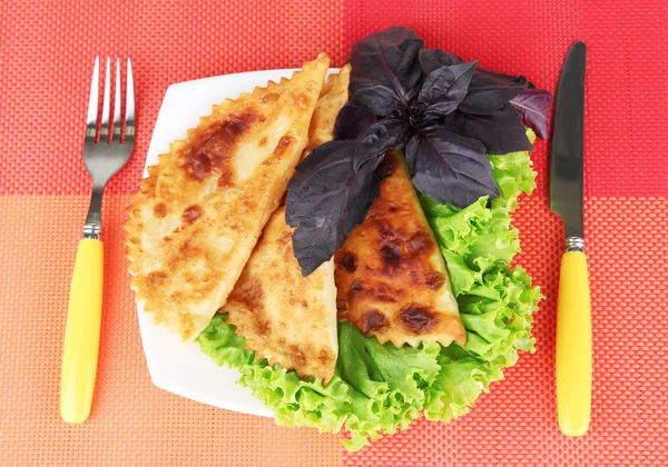 Sabrosos chebureks con hierbas frescas en el plato, sobre fondo de servilleta de color — Foto de Stock