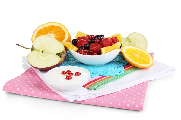 Useful fruit salad of fresh fruits and berries in bowl isolated on white — Stock Photo, Image