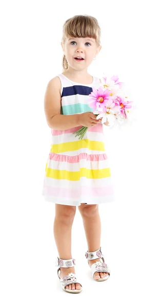 Schattig meisje houdt van bloemen, geïsoleerd op wit — Stockfoto