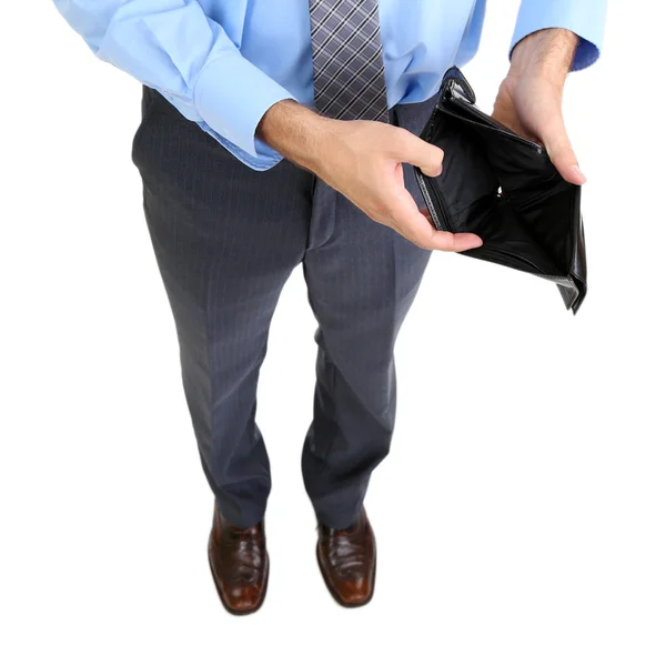 Hombre de negocios mostrando su bolso vacío, aislado en blanco — Foto de Stock