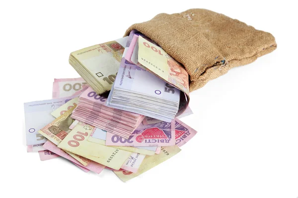 Borsa da iuta con soldi ucraini, isolata su bianco — Foto Stock