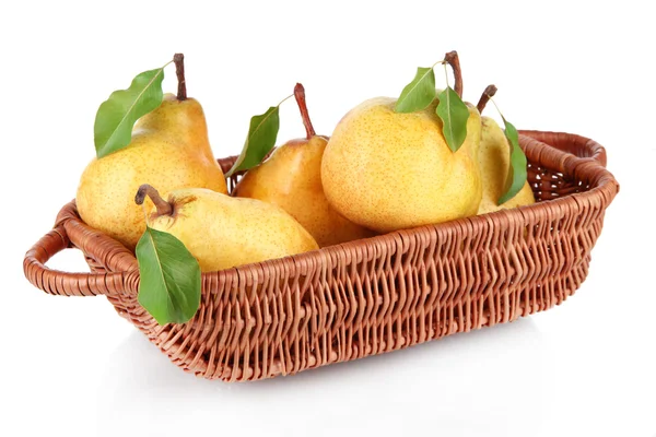 Juicy pears in wicker basket isolated on white — Stock Photo, Image