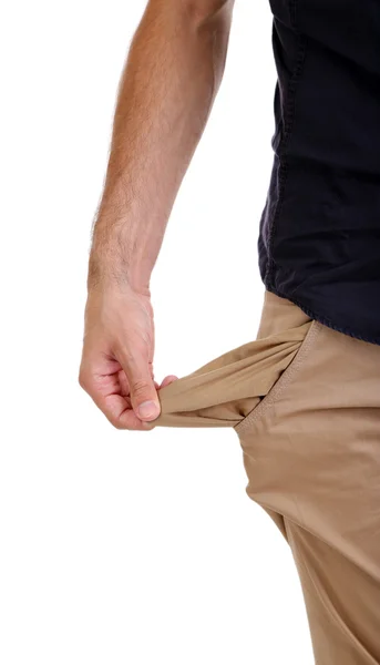 Man showing his empty pocket, isolated on white — Stock Photo, Image