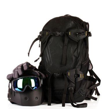 kış spor gözlük, kask ve üzerinde beyaz izole eldivenler, sırt çantası,