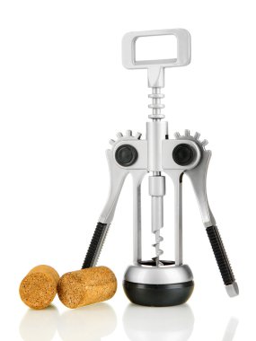 tirbuşon şarap ile izole üzerinde beyaz mantarlar