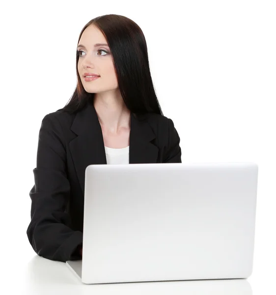 Joven mujer de negocios trabajando con computadora, aislada en blanco — Foto de Stock