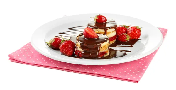 Tasty biscuit cakes with chocolate and berries on plate, isolated on white — Stock Photo, Image