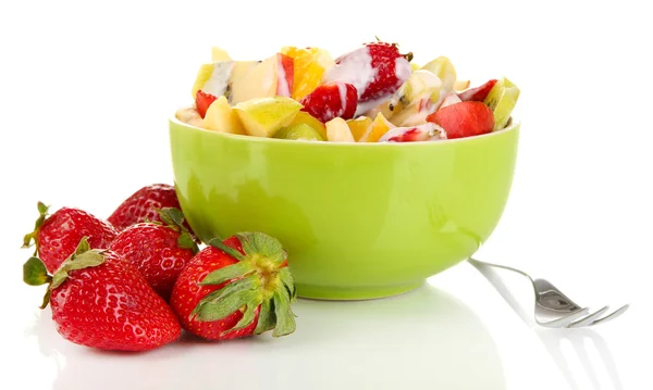 Useful fruit salad of fresh fruits and berries in bowl isolated on white — Stock Photo, Image