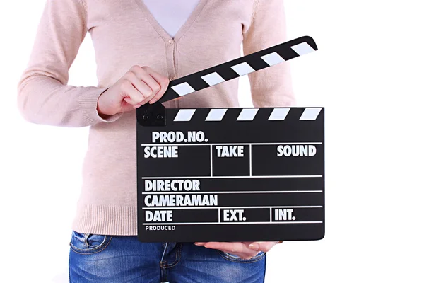 Movie production clapper board in hands isolated on white — Stock Photo, Image