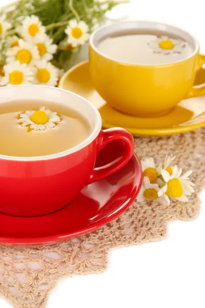 Cups of herbal tea with camomiles close up — Stock Photo, Image