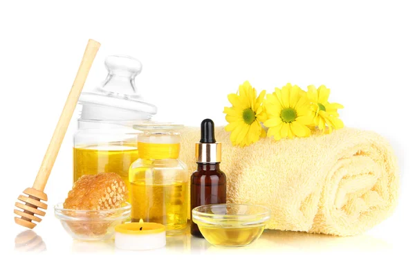 Fragrant honey spa with oils and honey isolated on white — Stock Photo, Image