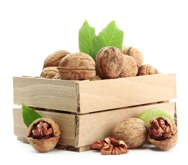 Walnuts with green leaves in woooden crate, isolated on white — Stock Photo, Image