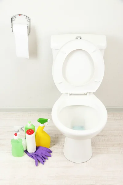 Bílé záchodové mísy a čistící prostředky v koupelně — Stock fotografie