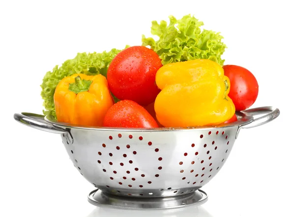 Fresh vegetables in silver colander isolated on white — Stock Photo, Image