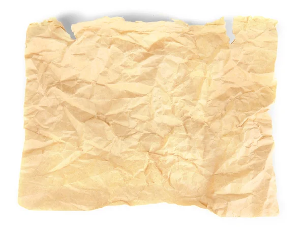 Old sheet of crumpled paper close-up isolated on white — Stock Photo, Image