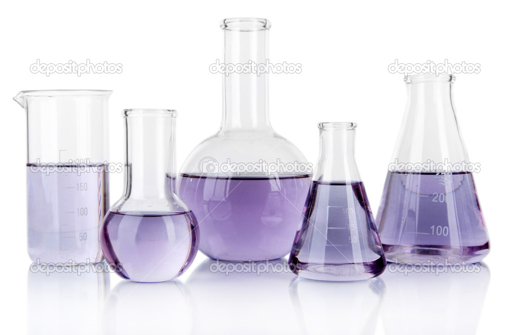 Test-tubes with light purple liquid isolated on white