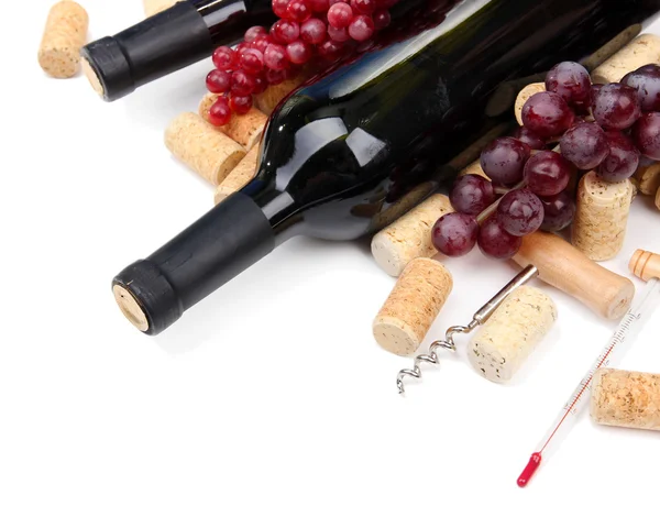 Flaschen Wein, Trauben und Korken, isoliert auf weiß — Stockfoto