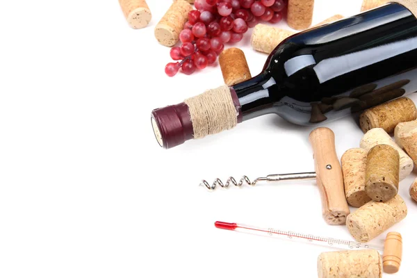 Flasche Wein, Trauben und Korken, isoliert auf weiß — Stockfoto