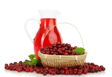 kızılcık suyu üzerinde beyaz izole cranberries ile sürahi