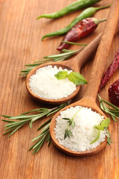 Sal en cucharas con hierbas y verduras aisladas sobre blanco — Foto de Stock