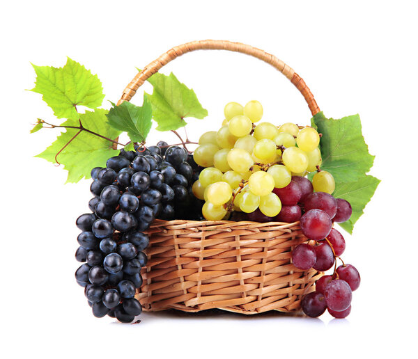 assortment of ripe sweet grapes in basket, isolated on whit