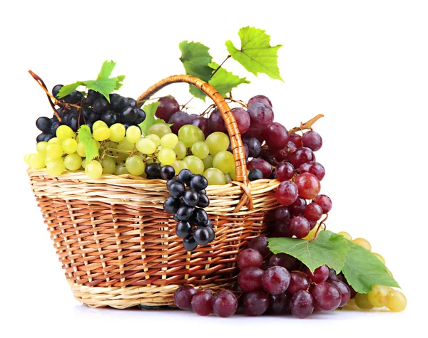 Assortment of ripe sweet grapes in basket, isolated on whit — Stock Photo, Image