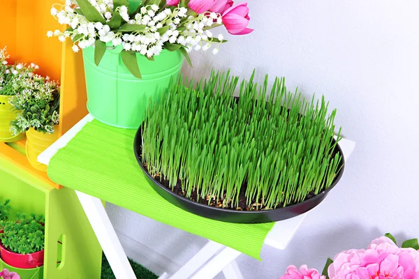 Färgglada hyllor och bord med dekorativa element och blommor — Stockfoto