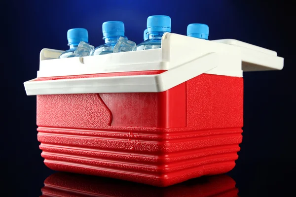 Buzdolabına şişe mavi zemin üzerine su ve buz küpleri ile seyahat — Stok fotoğraf