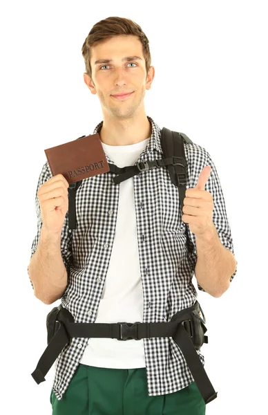 Giovane escursionista uomo turistico in possesso di passaporto, isolato su bianco — Foto Stock