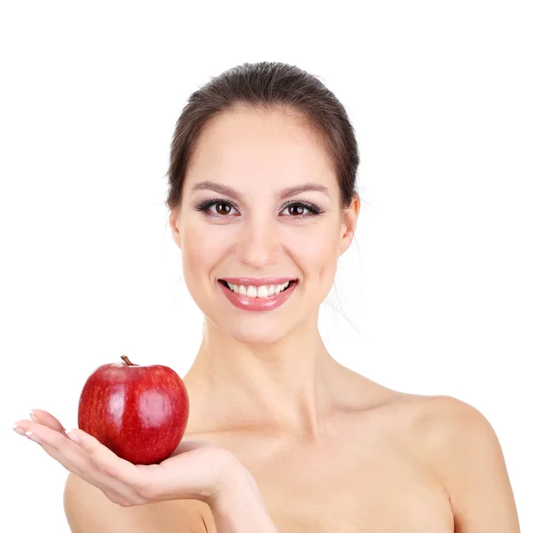 Donna sorridente con mela isolata su bianco — Foto Stock