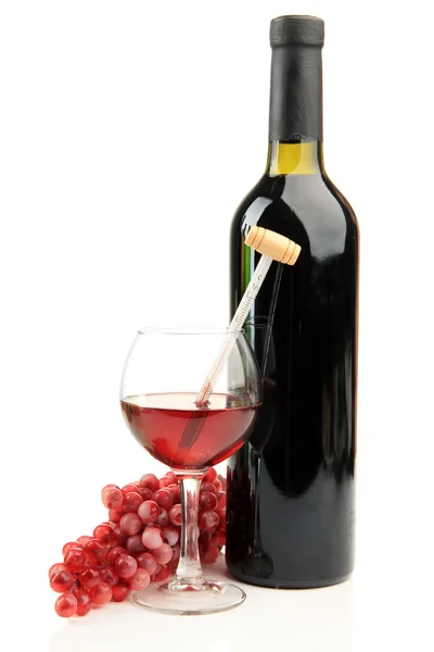 Bottle and glass of wine with thermometer, isolated on white — Stock Photo, Image