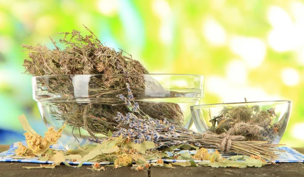 Hierbas medicinales en cuencos de vidrio en servilleta sobre mesa de madera —  Fotos de Stock
