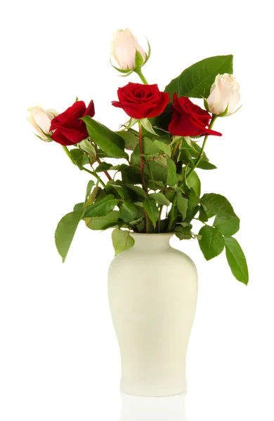 Beautiful roses in vase, isolated on white — Stock Photo, Image