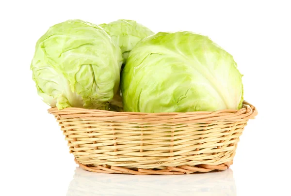 Green cabbage in wicker basket, isolated on white — Stock Image Green cabbage in wicker basket, isolated on white Stock Image