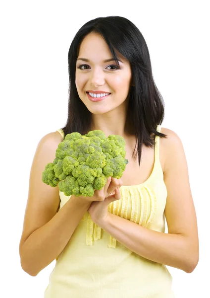 Taze brokoli üzerine beyaz izole kız — Stok fotoğraf