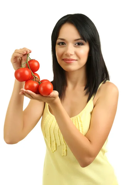 Meisje met verse tomaten geïsoleerd op wit — Stockfoto